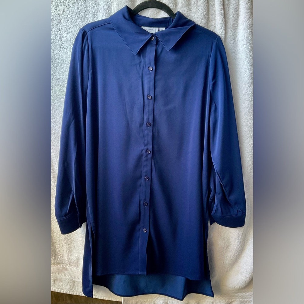 Susan Graver Blue Oversized Button Down Blouse